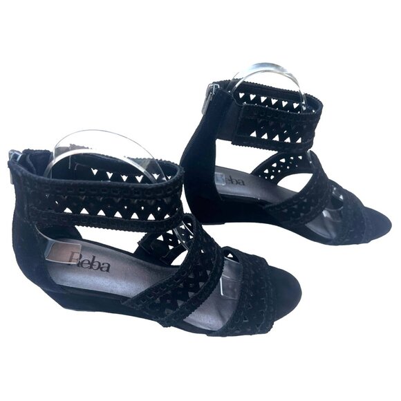 Reba Women’s Size 7 Baby Suede Open Toe Wedge Heels cut outs Leather Black - Picture 2 of 11